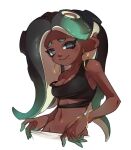  1girl aqua_eyes black_hair breasts cephalopod_eyes cleavage closed_mouth colored_tips commentary_request crop_top cropped_torso dark-skinned_female dark_skin earrings eyelashes furrowed_brow green_hair ikki_(gsl_9708) jewelry korean_commentary long_hair looking_at_viewer marina_(splatoon) medium_breasts mole mole_under_mouth multicolored_hair navel octoling red_pupils simple_background single_bare_shoulder smile solo splatoon_(series) tentacle_hair thick_eyebrows two-tone_hair white_background 