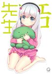  artist_name bangs barefoot blush bow closed_mouth commentary_request copyright_name dated eromanga_sensei eyebrows_visible_through_hair frills hair_bow headphones headset izumi_sagiri long_hair long_sleeves looking_at_viewer middle_finger object_hug pajamas pink_bow shiny shiny_hair silver_hair sitting solo stuffed_animal stuffed_octopus stuffed_toy tareme tears thighs violetsang wariza wavy_mouth 