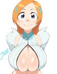  1girl aetherion bleach bleach:_sennen_kessen-hen breasts cleavage close-up grey_eyes highres inoue_orihime large_breasts long_hair orange_hair smile solo white_background 