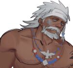  1boy bara braid dark-skinned_male dark_skin facial_mark final_fantasy final_fantasy_xiv headband highres hyur jewelry jitome long_hair lyon_rem_helsos male_focus mature_male muscular muscular_male necklace nipples notesonlyonpii nude old old_man scar scar_on_face scar_on_nose side_braid sideburns sparse_chest_hair tooth_necklace tribal unfinished upper_body white_hair white_headband 