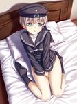  :o bangs bed bed_sheet beret between_legs black_dress black_hat black_legwear blue_eyes blush breasts character_name clothes_writing commentary_request covering covering_crotch dress from_above hand_between_legs hat highres kantai_collection kneehighs knees_together_feet_apart kukuri_(ahagon) legs long_sleeves looking_up no_shoes on_bed open_mouth partial_commentary pillow sailor_dress short_dress short_hair silver_hair sitting small_breasts solo sweat tareme wariza z1_leberecht_maass_(kantai_collection) 