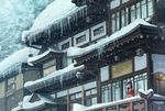  architecture arms_at_sides balcony bangs black_hair blunt_bangs east_asian_architecture icicle japanese_clothes kimono lantern long_hair looking_afar looking_away original outdoors railing red_eyes red_kimono sash scenery snow snowing solo somei_yoshinori tree tree_branch window winter 