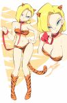  1girl aetherion alternate_costume android_18 animal_print bikini blonde_hair blue_eyes boots breasts collar dragon_ball dragon_ball_z earrings embarrassed full_body hand_on_own_hip highres horns jewelry leash looking_at_viewer medium_breasts navel short_hair simple_background solo standing strapless strapless_bikini swimsuit tail tiger_print tiger_tail 