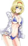  alice_margatroid bikini blonde_hair blue_bikini blue_eyes bow breasts cowboy_shot hair_bow highres jacket jewelry large_breasts looking_at_viewer pendant short_hair simple_background solo swimsuit thighs touhou white_background y2 