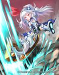 armor armored_boots boots bow cardfight!!_vanguard company_name dreaming_jewel_knight_tiffany gloves long_hair official_art patricia_(stylish_marunage) ponytail red_eyes rock solo sword teeth weapon white_hair 