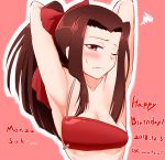  1girl armpits arms_behind_head birthday blush breasts brown_eyes brown_hair collarbone cube_(huidama) girls_und_panzer hair_ornament hair_ribbon highres looking_at_viewer medium_breasts nipple_slip nipples one_eye_closed pink_background ponytail ribbon saemonza simple_background solo sweat 