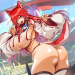  1girl :d animal_ears bead_necklace beads breast_curtains breasts claw_pose curvy detached_sleeves dutch_angle fangs fenrir_(last_origin) from_behind heart highres huge_breasts jewelry last_origin long_hair looking_back maebari necklace nontraditional_miko open_mouth red_hair revealing_clothes smile tail thick_thighs thighhighs thighs torii twisted_torso umigarasu_(kitsune1963) very_long_hair white_thighhighs wolf_ears wolf_girl wolf_tail yellow_eyes 