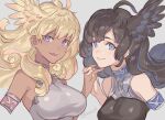  2girls :3 ahoge armlet artist_name bare_shoulders black_shirt blonde_hair blue_eyes breasts colored_eyelashes commentary_request curly_hair dark-skinned_female dark_skin fangs feathered_wings floating_hair granblue_fantasy grey_background grey_shirt halluel_(granblue_fantasy) head_wings holding_hands long_hair looking_at_viewer malluel_(granblue_fantasy) medium_breasts messy_hair multiple_girls open_mouth portrait pota_(bluegutty) purple_eyes shirt side-by-side sidelocks signature simple_background sleeveless sleeveless_turtleneck smile turtleneck twitter_username wings 
