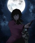  1boy black_hair blue_eyes closed_mouth collared_shirt demon_slayer_uniform full_moon highres japanese_clothes katana kimetsu_no_yaiba looking_at_viewer moon night outdoors saeki_37 shirt solo sword tomioka_giyuu upper_body weapon 