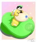 absurd_res anthro belly big_diaper black_hair diaper extremius_amphibious feces green_hair hair hi_res hyper_soiling koopa koopaling male mario_bros messing_diaper messy messy_diaper nintendo nintendo_switch overweight overweight_male print_diaper scalie sitting soiling solo