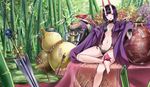  absurdres alcohol ankle_ribbon arrow bamboo bamboo_forest bare_legs barefoot blush breasts collarbone commentary_request cup day fate/grand_order fate_(series) forest gourd highres horns japanese_clothes jeffrey10 kimono long_sleeves looking_at_viewer nature navel ofuda oni oni_horns parted_lips planted_sword planted_weapon purple_eyes purple_hair purple_ribbon revealing_clothes ribbon sakazuki sake short_hair shuten_douji_(fate/grand_order) sitting small_breasts smile solo stomach sword weapon wide_sleeves 