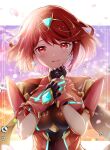  1girl blush breasts drop_earrings earrings fingerless_gloves gem gloves headpiece highres jewelry large_breasts looking_at_viewer open_mouth pyra_(xenoblade) red_eyes red_hair short_hair smile solo swept_bangs tears tiara ui_frara xenoblade_chronicles_(series) xenoblade_chronicles_2 