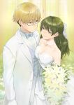  ! 1boy 1girl absurdres blonde_hair bouquet bow bowtie breast_press breasts bride brown_eyes cleavage closed_mouth commentary_request dress flower glasses green_hair groom hair_flower hair_ornament hair_ribbon half_updo highres holding holding_bouquet jacket land_(sousou_no_frieren) large_breasts looking_at_another purple_eyes ribbon smile soul_(tamashii) sousou_no_frieren standing suit ubel_(sousou_no_frieren) wedding wedding_dress white_bow white_bowtie white_dress white_flower white_jacket white_ribbon white_suit 