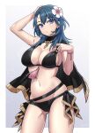 1girl arm_up bikini black_bikini black_cape blue_eyes blue_hair breasts byleth_(female)_(fire_emblem) byleth_(fire_emblem) cape cleavage commentary cowboy_shot fire_emblem fire_emblem:_three_houses fire_emblem_heroes flower hair_flower hair_ornament hand_up large_breasts long_hair navel official_alternate_costume shinae solo standing stomach swimsuit thighs 