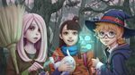  androgynous bangs blonde_hair blue_eyes bottle broom brown_hair coat forest freckles glasses gohpot hair_over_one_eye hat highres kagari_atsuko little_witch_academia lotte_jansson multiple_girls nature open_mouth pale_skin parted_lips pink_hair plant ponytail realistic red_eyes semi-rimless_eyewear short_hair signature smile staff sucy_manbavaran teeth tree under-rim_eyewear vines witch_hat 