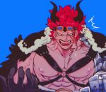 1boy abs bara bare_pectorals cowboy_shot eustass_kid goggles goggles_on_head hand_up highres horns large_pectorals male_focus muscular muscular_male nipples o-ring o-ring_top official_alternate_costume one_piece pectorals percivore red_hair scar short_hair solo strongman_waist upper_body 