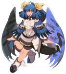  1girl absurdres angel_wings asymmetrical_wings bare_shoulders blue_hair bow detached_sleeves dizzy_(guilty_gear) guilty_gear guilty_gear_strive hair_ribbon hair_rings highres long_hair monster_girl red_eyes redesign ribbon tail tail_bow tail_ornament tierrlist wings yellow_ribbon 