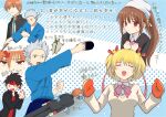  &gt;_&lt; 2girls 3boys :d arrow_(projectile) black_hair black_jacket blonde_hair bow brown_hair clenched_hands commentary_request grey_eyes grey_hair hair_ornament hair_ribbon headband holding holding_paddle inohara_masato jacket kamikita_komari light_blue_background little_busters! little_busters!_school_uniform long_hair long_ribbon looking_at_viewer mittens miyazawa_kengo multiple_boys multiple_girls natsume_kyousuke natsume_rin open_mouth paddle pink_bow piyo_(kinkooo333) polka_dot polka_dot_background ponytail red_eyes red_headband red_mittens red_ribbon ribbon school_uniform short_hair shouting shy simple_background smile sparkle speech_bubble spiked_hair star_(symbol) star_hair_ornament sweatdrop sweater table_tennis_paddle translation_request two_side_up upper_body yellow_sweater 