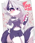  1girl animal_nose blush body_fur collar english_text eromame furry furry_female grey_fur hand_on_own_hip helluva_boss holding holding_phone long_hair looking_at_viewer loona_(helluva_boss) phone shorts snout spiked_collar spikes stomach tail torn_clothes two-tone_fur white_fur wolf_girl wolf_tail 