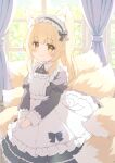  1girl animal_ears apron black_dress blonde_hair commission dress fox_ears fox_girl fox_tail highres indoors maid maid_apron maid_headdress multiple_tails original skeb_commission smile tail tyakomes variant_set window yellow_eyes 