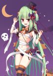  1girl :d absurdres alternate_costume bandages bat_(animal) bat_hair_ornament black_hat black_panties blunt_bangs blunt_ends blush bow breasts brown_capelet capelet chinese_commentary claw_pose commentary_request crescent_moon fangs feet_out_of_frame green_hair grey_background hair_ornament hair_ribbon halloween halloween_costume hands_up hat highres hime_cut jack-o&#039;-lantern long_hair long_ribbon looking_at_viewer moon murasame_(senren) navel open_mouth orange_bow panties purple_background purple_ribbon red_bow red_eyes ribbon sarashi senren_banka shu_pian sidelocks simple_background skull small_breasts smile solo star_(symbol) star_hair_ornament straight_hair striped_clothes striped_thighhighs thighhighs top_hat tsurime two_side_up underboob underwear v-shaped_eyebrows very_long_hair 