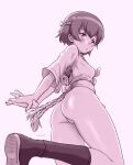 1girl absurdres ass blush breasts cameltoe closed_mouth freckles from_below fundoshi girls_und_panzer highres hiyama_yuu_(wee259hiyama) japanese_clothes monochrome short_hair signature simple_background small_breasts solo tsuchiya_(girls_und_panzer) 