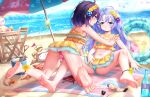  2girls angora_rabbit animal ass bare_arms bare_legs bare_shoulders barefoot beach bikini blue_eyes blue_flower blue_hair blush bottle bucket day fingernails flower food frilled_bikini frills fuiba_fuyu gochuumon_wa_usagi_desu_ka? hair_flower hair_ornament hehehzb highres kafuu_chino long_hair lotion multiple_girls navel ocean open_mouth outdoors parasol pocky purple_eyes purple_flower purple_hair rabbit sand short_hair soles sunscreen swimsuit tippy_(gochiusa) toes umbrella yellow_bikini yellow_flower yuri 