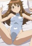  1girl aji_n alternate_costume athletic_leotard blush breasts brown_eyes brown_hair cameltoe commentary_request covered_navel covered_nipples eyelashes green_(pokemon) grey_leotard hair_flaps hands_up head_on_pillow highleg highleg_leotard highres leotard long_hair lying on_back parted_lips pillow pokemon pokemon_lgpe solo spread_legs tearing_up 