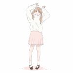  1girl arms_up black_footwear blush brown_eyes brown_hair clip_studio_paint_(medium) full_body long_hair long_sleeves looking_at_viewer mary_janes original pink_skirt purinnari shoes signature simple_background skirt socks solo standing sweater turtleneck turtleneck_sweater twintails white_background white_socks white_sweater 