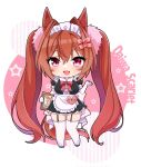  1girl airi_(akamichiaika) alternate_costume animal_ears bow breasts brown_hair chibi daiwa_scarlet_(umamusume) elbow_gloves enmaided fang garter_straps gloves hair_bow hair_intakes highres horse_ears horse_girl horse_tail large_breasts long_hair looking_at_viewer maid maid_headdress pink_bow pink_hair puffy_short_sleeves puffy_sleeves red_bow short_sleeves skin_fang solo tail thighhighs twintails umamusume white_gloves white_thighhighs 