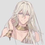  1boy adjusting_hair ancient_greek_clothes armlet artist_name commentary_request facing_viewer floating_hair granblue_fantasy greco-roman_clothes grey_background hair_between_eyes hair_intakes helel_ben_sahar_(granblue_fantasy) jewelry long_hair looking_at_viewer lucio_(granblue_fantasy) male_focus messy_hair neck_ring official_alternate_costume portrait pota_(bluegutty) signature simple_background smile solo twitter_username 