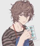  1boy ahoge alternate_costume apron artist_name bishounen brown_hair coffee_mug commentary_request cup granblue_fantasy grey_background hair_between_eyes holding holding_cup horizontal-striped_clothes looking_up male_focus messy_hair mug open_mouth parted_lips pota_(bluegutty) red_eyes sandalphon_(granblue_fantasy) sandalphon_(server_of_a_sublime_brew)_(granblue_fantasy) signature simple_background solo twitter_username 