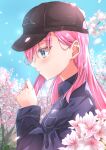  1girl baseball_cap blue_eyes blue_shirt bocchi_the_rock! cherry_blossoms collared_shirt falling_petals flower gotoh_hitori hat highres kikugawa_roku long_hair outdoors petals pink_hair profile shirt solo tree upper_body 