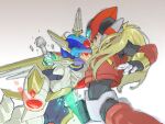  2boys android arm_cannon armor battle black_bodysuit blonde_hair blue_helmet bodysuit clenched_teeth copy_x_(mega_man) crotch_plate damaged energy_sword forehead_jewel glowing glowing_eyes holding holding_sword holding_weapon impaled long_hair mechanical_wings mega_man_(series) mega_man_zero_(series) mito_tomiko multiple_boys red_armor red_eyes red_helmet simple_background sword teeth weapon white_armor white_background wings z_saber zero(z)_(mega_man) zero_(mega_man) 
