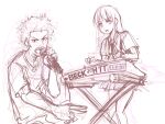  1boy 1girl beck chiba_tsunemi copyright_name crossover facial_hair greyscale highres holding holding_microphone instrument inward_v k-on! kotobuki_tsumugi long_hair microphone monochrome music mustache panties_(pantsu-pirate) playing_instrument playing_piano rapping synthesizer teeth upper_teeth_only v-shaped_eyebrows 