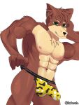 andromorph anthro bulge canid canine chest_fur clothed clothing clothing_pull erection erection_under_clothing fan_character fur hi_res intersex jockstrap jockstrap_only jockstrap_pull looking_at_viewer male male/male mammal multicolored_body multicolored_fur solo topless underwear underwear_only underwear_pull