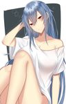  arm_at_side arm_support bangs bare_legs bare_shoulders blue_hair breasts cleavage closed_mouth collarbone commentary_request eyebrows_visible_through_hair groin hair_between_eyes hand_on_own_head hand_up highres knees_up large_breasts long_hair looking_at_viewer off_shoulder onineko-chan original red_eyes shirt short_sleeves solo t-shirt upper_body white_shirt 