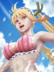  bikini blonde_hair blue_sky blurry breasts cloud colored_eyelashes commentary day dragon_horns frilled_bikini frills from_below gohpot highres horns kobayashi-san_chi_no_maidragon large_breasts long_hair open_mouth orange_eyes outdoors pink_bikini realistic shiny shiny_skin signature skindentation sky slit_pupils smile solo striped striped_bikini swimsuit tooru_(maidragon) twintails upper_body vertical-striped_bikini vertical_stripes 