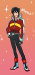  alternate_costume belt black_gloves black_hair blue_eyes boots contrapposto dress english fingerless_gloves full_body gloves gradient gradient_background highres hyakujuu-ou_golion keith_(voltron) male_focus mullet orange_background pink_dress short_hair simple_background smile sparkle standing voltron:_legendary_defender winter_clothes zero-souma 