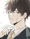  1boy brown_hair closed_mouth collared_shirt facial_mark glasses highres i_rose_meen mashle necktie orter_madl shirt short_hair solo upper_body white_shirt yellow_eyes yellow_necktie 