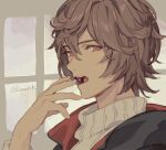  1boy artist_name biting brown_hair chocolate cropped_shirt expressionless food granblue_fantasy hair_between_eyes hand_up holding holding_chocolate holding_food looking_at_viewer male_focus messy_hair open_mouth portrait pota_(bluegutty) red_eyes sandalphon_(granblue_fantasy) sandalphon_(valentine)_(granblue_fantasy) short_hair signature solo sweater turtleneck twitter_username white_sweater window 