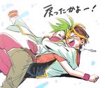  blonde_hair green_hair hug jacket_on_shoulders jewelry male_focus multicolored_hair multiple_boys necklace red_hair sakaki_yuuya sawatari_shingo school_uniform short_hair simple_background smile white_background yuu-gi-ou yuu-gi-ou_arc-v zero-souma 