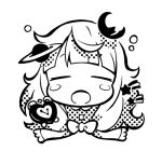  1girl alarm_clock blunt_bangs blush_stickers bow chibi clock closed_eyes commentary_request crescent crescent_hair_ornament cropped_torso facing_viewer greyscale hair_ornament halftone indie_utaite long_hair lowres maako_(yuuyake.) messy_hair monochrome nanahira open_mouth planet_hair_ornament shooting_star_(symbol) simple_background sleepy solo squeans straight-on upper_body 