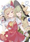  2girls :d ;d absurdres ahoge ascot black_hat blonde_hair blush bow commentary cowboy_shot crossed_bangs eyelashes fang flandre_scarlet frilled_skirt frilled_sleeves frills green_eyes green_hair green_skirt hair_between_eyes happy hat hat_bow hat_ribbon head_tilt heart heart_ahoge heart_of_string highres holding_hands interlocked_fingers komeiji_koishi long_hair long_sleeves looking_at_viewer medium_hair mob_cap multiple_girls nose_blush one_eye_closed open_mouth puffy_short_sleeves puffy_sleeves red_eyes red_ribbon red_skirt ribbon shirt short_sleeves skirt smile sorani_(kaeru0768) star_(symbol) touhou trait_connection tsurime white_hat white_shirt wide_sleeves wrist_cuffs yellow_ascot yellow_bow yellow_ribbon yuri 