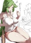  1boy 1girl bare_shoulders bottle breasts cleavage collarbone contemporary covered_nipples grabbing_own_breast green_eyes green_hair highres kid_icarus large_breasts long_hair manno_(kanpi2100) open_mouth orange_shorts palutena parted_bangs partially_translated pit_(kid_icarus) sake_bottle shirt short_hair shorts sitting table thighs translation_request very_long_hair white_shirt 