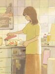  1girl artist_name brown_hair cabinet cooking cooking_pot counter day floral_print holding indoors kitchen medium_hair microwave original oven shirt solo standing stove yeyuan33 