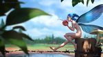  blue_hair blue_sky blurry breasts cherry cloud day depth_of_field facial_mark fairy fairy_wings food from_side fruit full_body gohpot highres house leaf minigirl mushroom navel nude open_mouth original outdoors pointy_ears sideboob signature sitting sky small_breasts solo tree watermark web_address wings 
