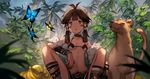  animal banana breasts brown_hair bug butterfly cleavage collarbone food forest from_below fruit highres insect lee_hyeseung midriff nature navel original outdoors palm_tree short_hair_with_long_locks sidelocks small_breasts squatting tree 