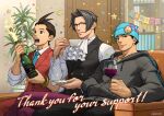  3boys absurdres ace_attorney alcohol apollo_justice apollo_justice:_ace_attorney beanie black_hair black_pants black_vest bottle brown_eyes brown_hair closed_mouth confetti couch crossed_bangs cup door drinking_glass english_commentary english_text facial_hair glasses grey_hair hat highres holding holding_bottle holding_cup holding_saucer hood hood_down indoors looking_at_viewer male_focus miles_edgeworth multiple_boys official_art open_mouth pants phoenix_wright plant potted_plant red_pants red_vest saucer shirt sitting stubble teacup vest white_shirt wine wine_glass 