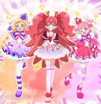  3girls :d ;d abstract_background absurdres akizora_(aki_precure) alternate_universe blonde_hair blue_eyes bow bow_earrings braid brooch closed_mouth crown cure_friendy cure_wonderful deerstalker dot_nose double_v dress dress_bow earrings frilled_wrist_cuffs frills full_body hat hat_ornament heart heart_brooch heart_hat_ornament highres inukai_iroha inukai_komugi jewelry kanie_(precure) legs_together long_hair looking_at_viewer magical_girl mini_crown mini_hat multicolored_background multicolored_bow multicolored_hair multicolored_pantyhose multiple_girls one_eye_closed open_mouth pantyhose pink_bow pink_dress pink_footwear pink_hair pink_thighhighs pink_wrist_cuffs pouch precure puffy_sleeves purple_bow purple_dress purple_eyes purple_footwear purple_hat purple_wrist_cuffs red_eyes red_footwear red_hair shoes short_dress smile standing standing_on_one_leg streaked_hair striped_bow striped_clothes striped_pantyhose thighhighs tilted_headwear twin_braids two-tone_hair two_side_up unofficial_precure_costume v white_thighhighs wonderful_precure! wrist_cuffs zettai_ryouiki 